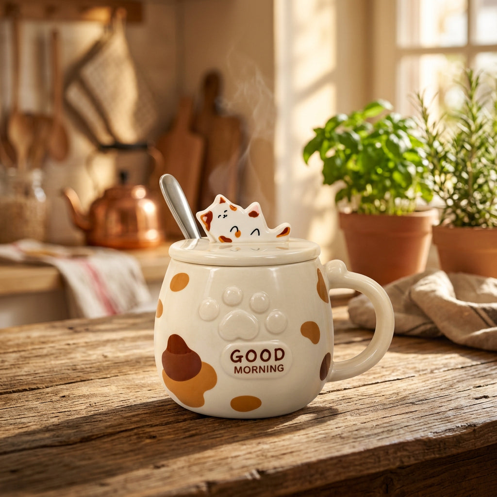 Taza de gatito con tapa y cuchara