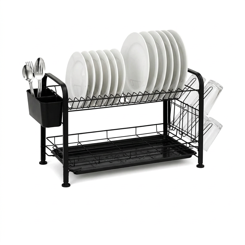 Escurridor de metal doble negro con bandeja