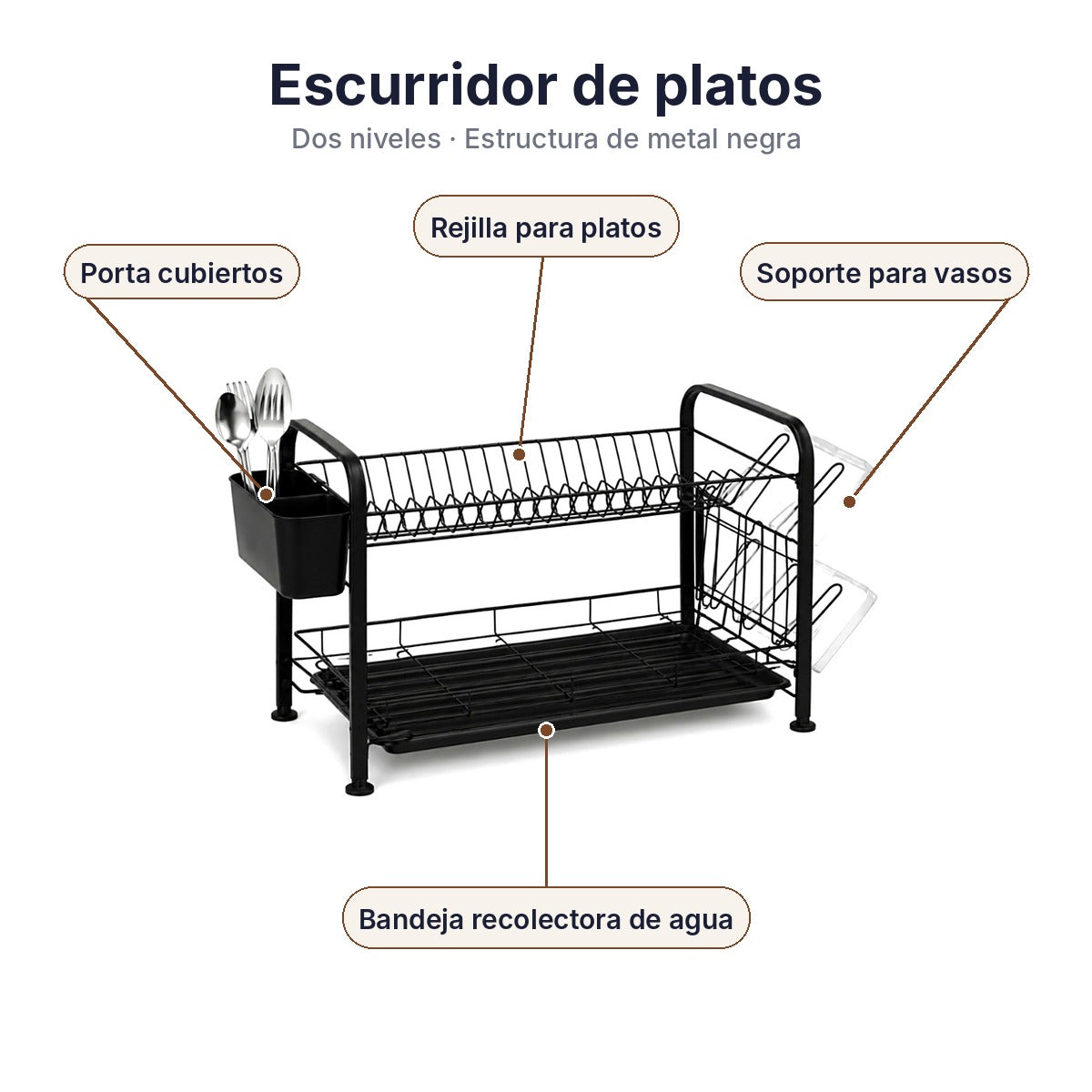 Escurridor de metal doble negro con bandeja